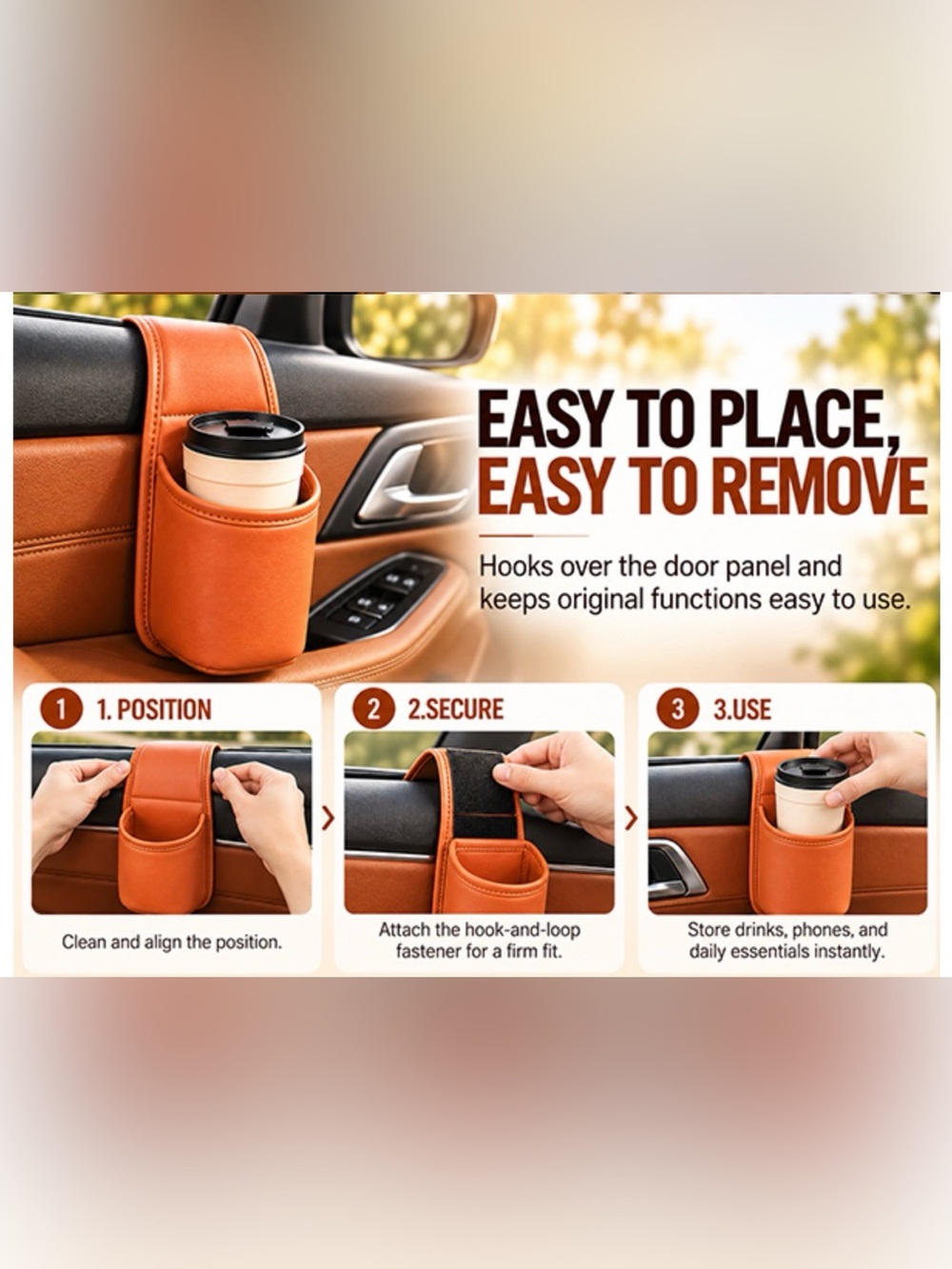2 Pack Orange Multipurpose Leather Car Door Holder - Picture 2 of 2